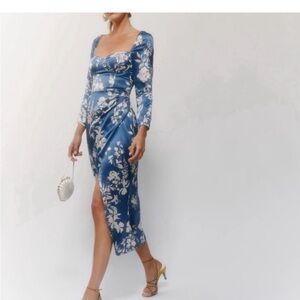 Reformation Gloriana blue and white floral silk dress size 8